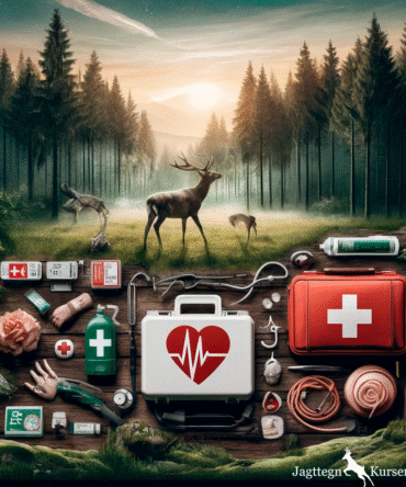 "Forest background with first aid essentials for hunters, highlighting emergency preparedness in nature."